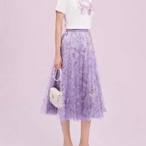 Lilac Floral Layered Tulle Midi Skirt - Women's Elegant Lavender Skirt